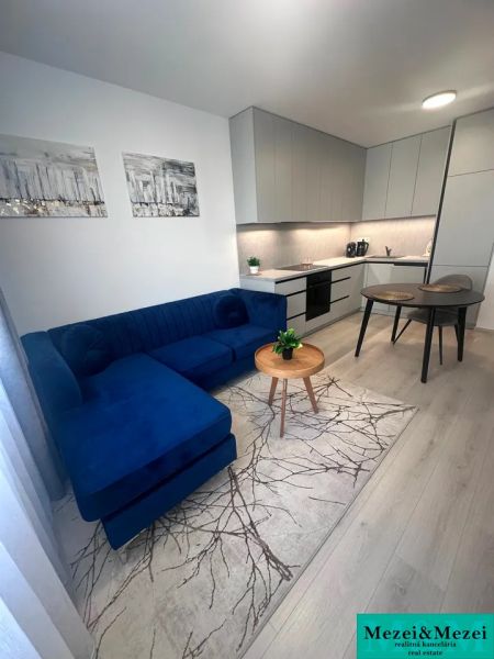 Living room with kitchen in a 2-room apartment, wooden decor flooring, dark blue sofa.