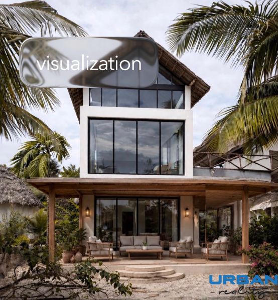 A family house in Pwani Mchangani with palm trees and a spacious veranda.