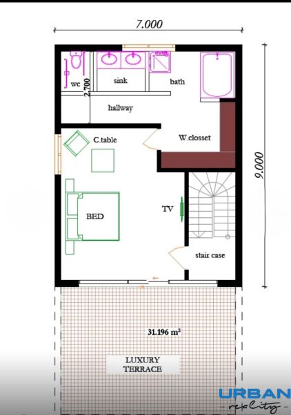 Floor plan of a family house with a bathroom, living room, bedroom, and a luxurious terrace.