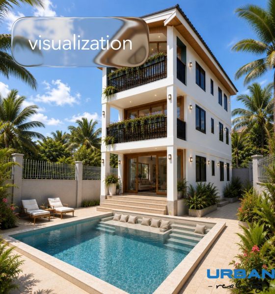 A family house in Pwani Mchangani with a pool, tropical plants, and three floors.