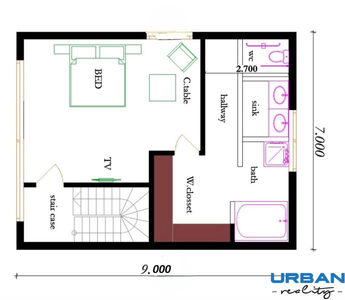 Plan of a family house with a bathroom, staircase, bedroom, and wardrobe.