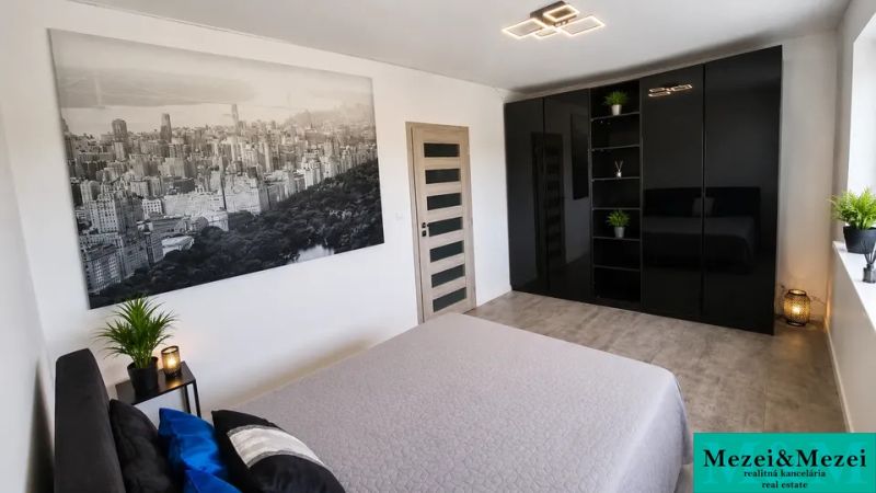 Bedroom with a black wardrobe, large photograph, and houseplants.
