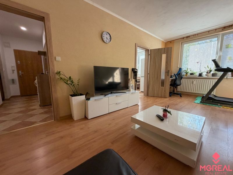 Living room in a 3-room apartment with a wooden decor floor, television, and a treadmill.