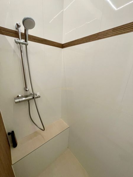 A shower corner with a handheld shower and tiling in a 3-room apartment.