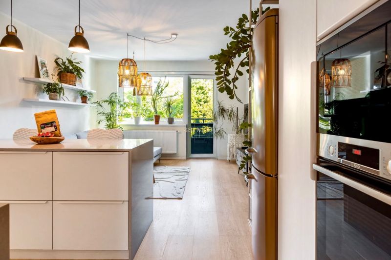 A kitchen in a 2-room apartment with a wood-patterned floor and lots of plants.