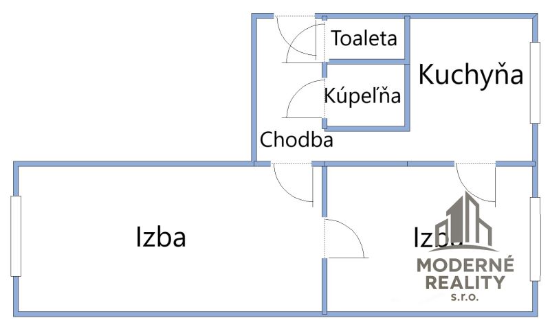 Floor plan of a 2-room apartment with a kitchen, bathroom, and toilet.
