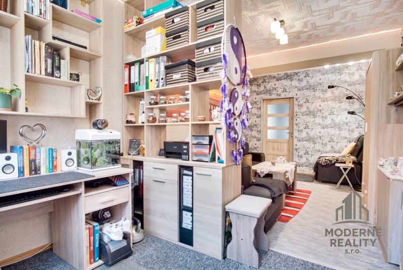 A workspace and living room in a 2-room apartment with shelves and decorations.