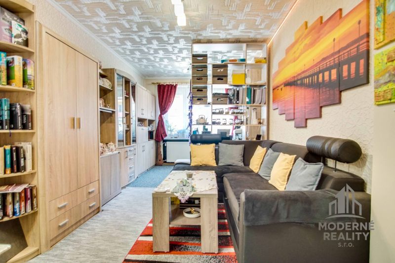Living room in a two-room apartment with a sofa, bookshelf, and a colorful painting on the wall.
