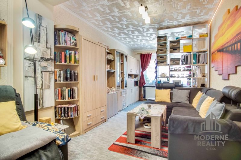 Living room of a two-room apartment with a sofa, bookshelf, and decorations.