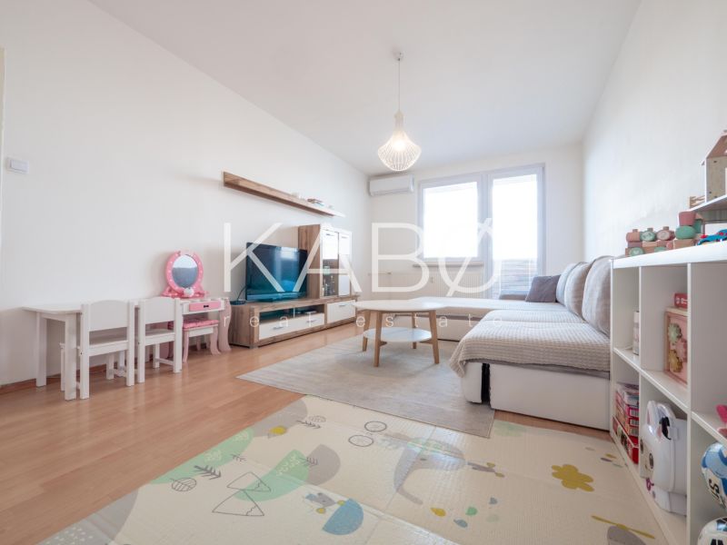 Living room in a two-room apartment with a wooden decor floor, children's furniture, and a couch.