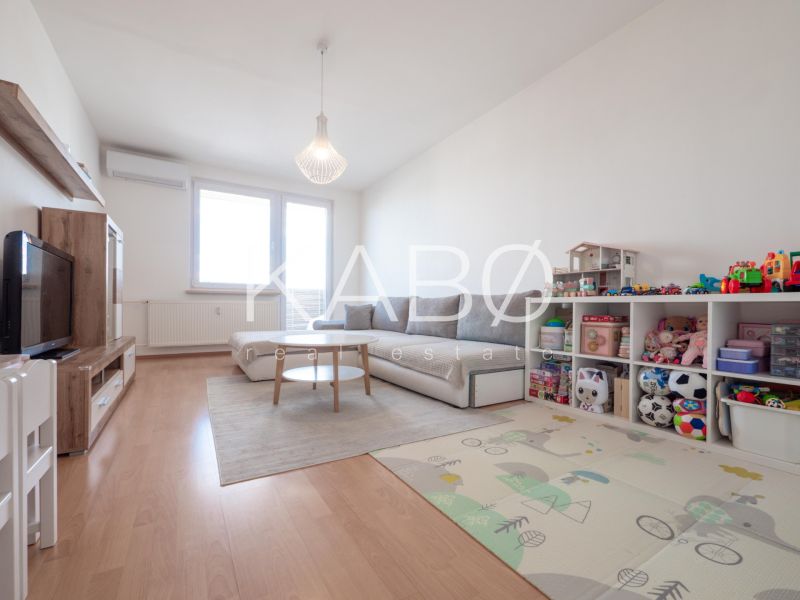 Living room in a two-room apartment with a wooden decor floor and children's toys.