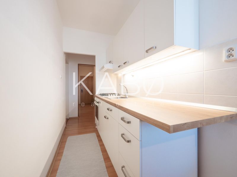 A narrow kitchen with white cabinets, tiled backsplash, and wood-patterned flooring in a two-room apartment.