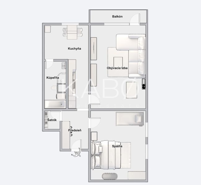 Floor plan of a 2-room apartment with a balcony: kitchen, living room, bathroom, bedroom.