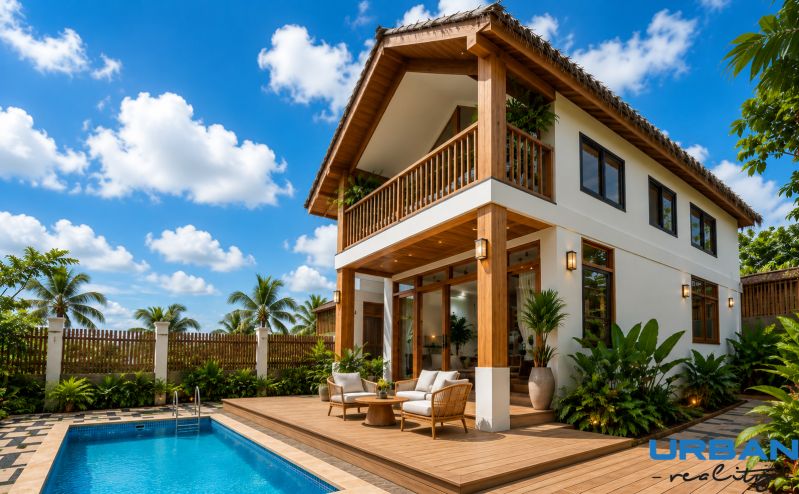A family house in the city of Pwani Mchangani with a terrace, a pool, and tropical vegetation.