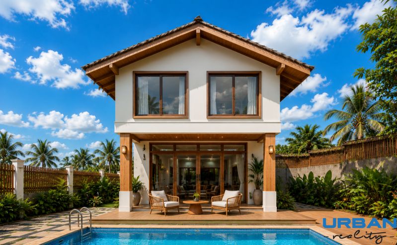 A family house in Pwani Mchangani with a garden terrace, a swimming pool, and palm trees in the background.