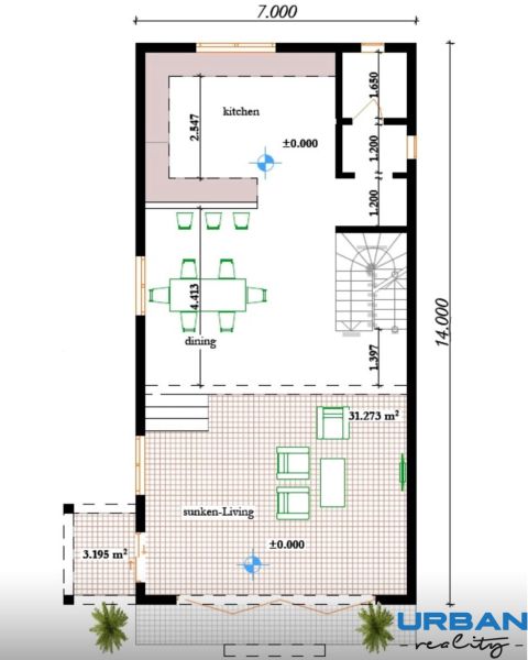 Ground floor plan of a family house with an entrance hall, kitchen, and dining room.