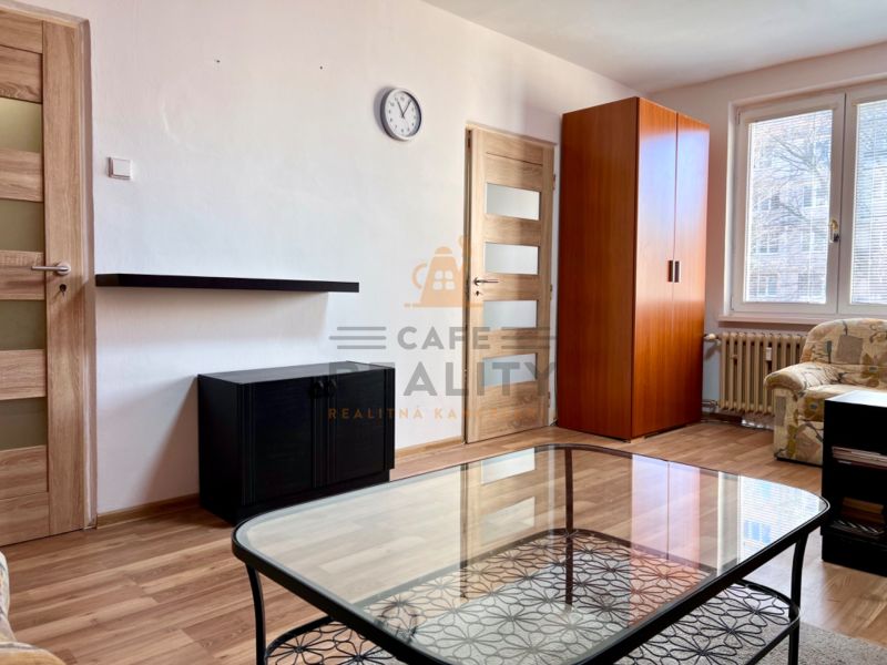 Living room in a two-room apartment with a wooden decor floor, a sofa, and a cabinet.