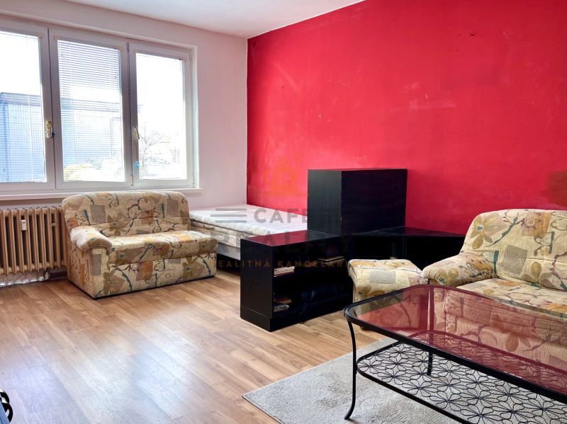 Living room in a 2-room apartment with armchairs, a table, and a wooden decor floor.