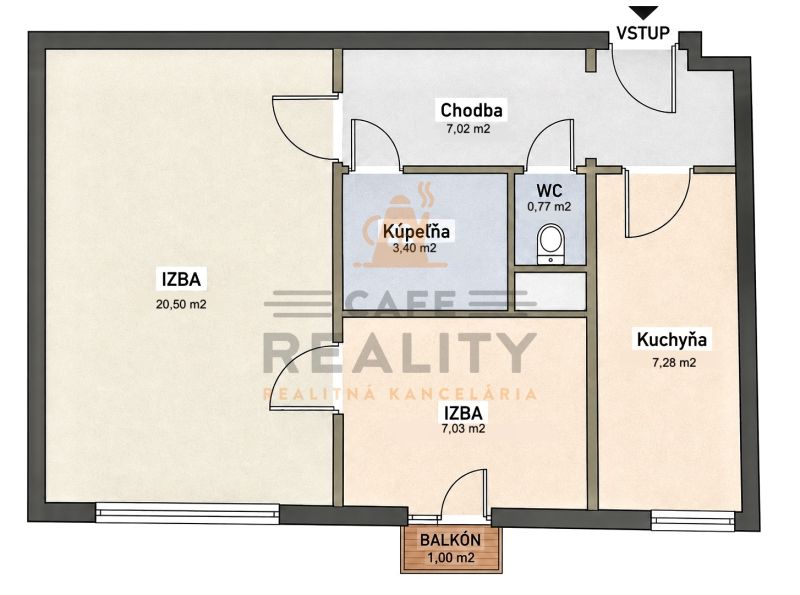Floor plan of a 2-room apartment with a bathroom, kitchen, balcony, and hallway.
