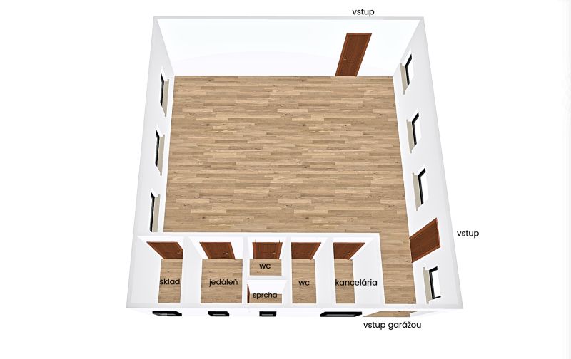 Floor plan of a production area with wood-patterned flooring, office, and storage.