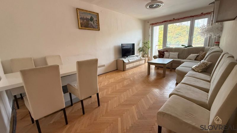 Living room in a 4-room apartment with a large sofa, dining table, and wooden decor flooring.