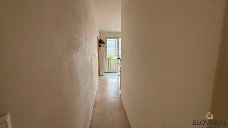 A narrow hallway leading to glass doors in a 4-room apartment.