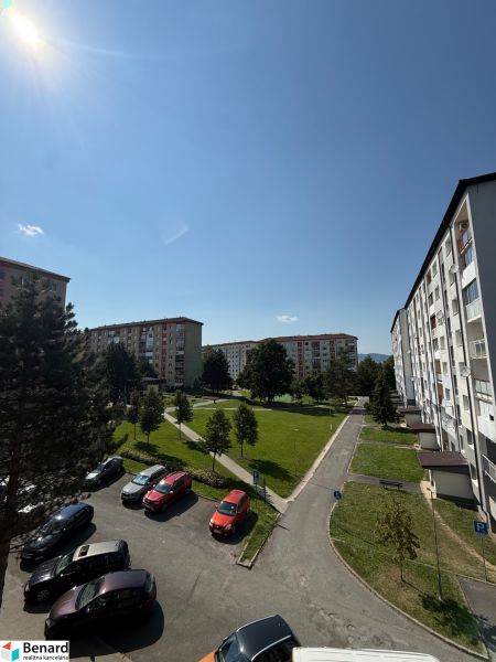 A view of the housing estate with a parking lot, trees, and apartment buildings on Mierová Street in Stará Ľubovňa.