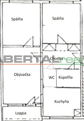 Floor plan of a 3-room apartment with a loggia, kitchen, bedroom, living room, and bathroom.