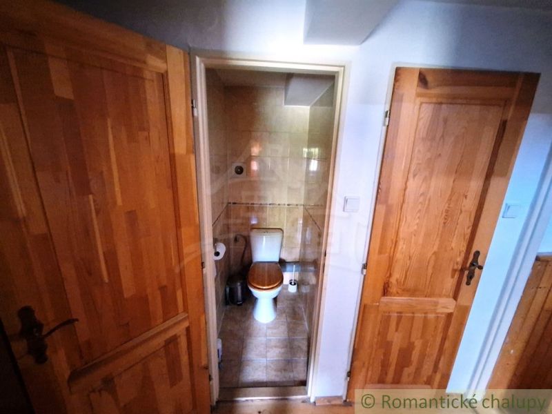 Small bathroom with toilet, two doors, wooden decor flooring.