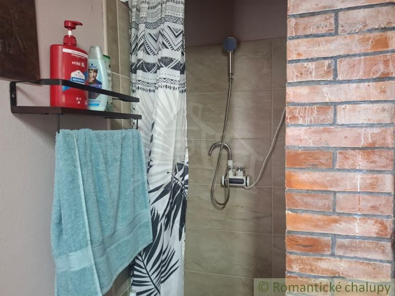 Bathroom in a cabin with a brick wall, shower, and bathroom accessories.