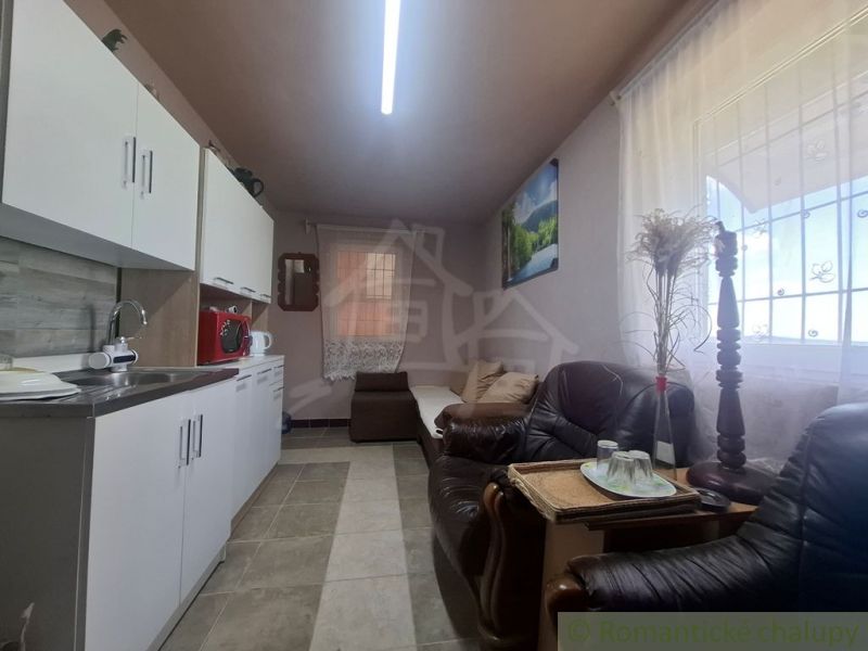 A kitchen unit in a cottage with sofas and decoration, floor with wooden decor.