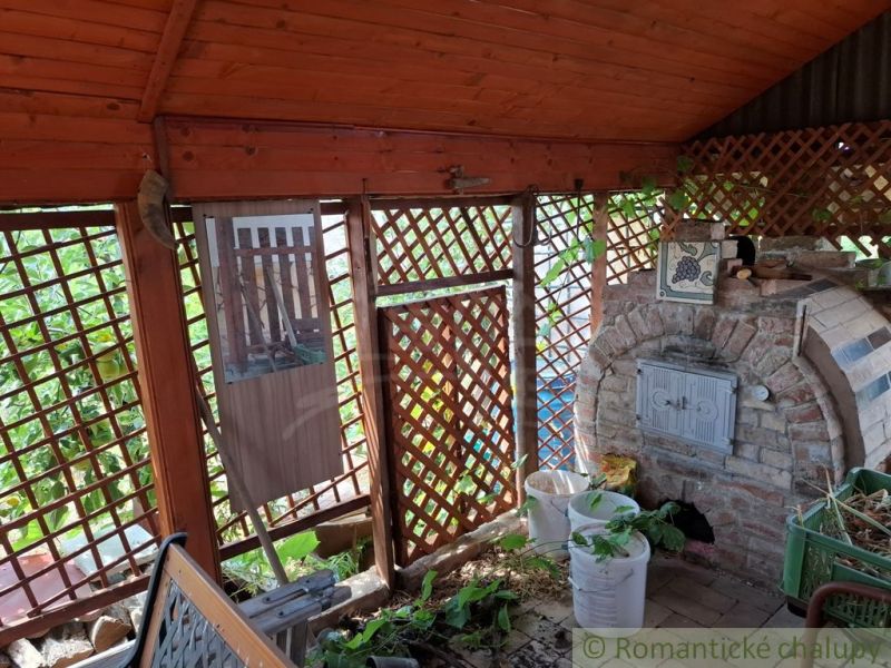 Covered terrace of the cottage in Gbelce with a brick outdoor fireplace and plants.