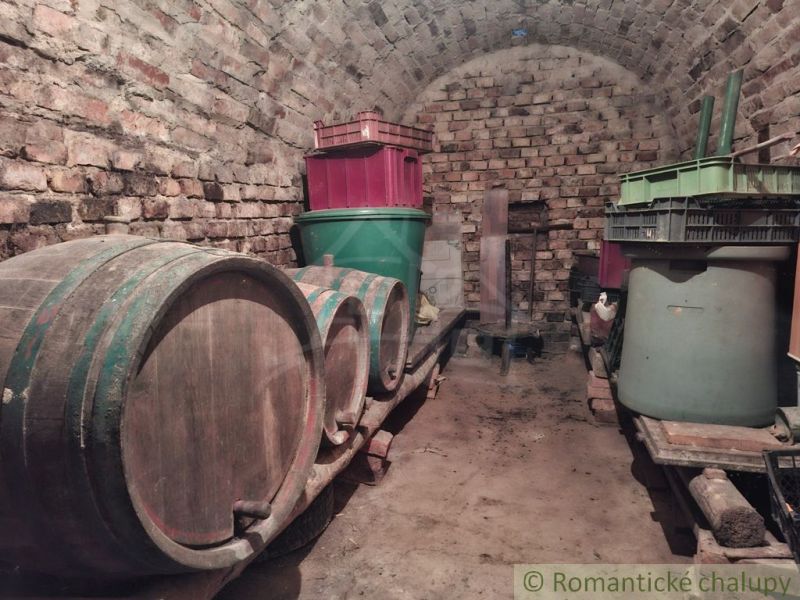 Stone cellar at the cottage with wooden barrels and plastic containers.