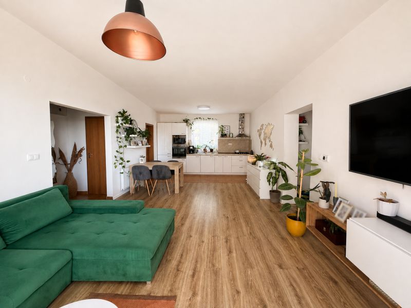 Living room in a 3-room apartment with a wooden decor floor and a green sofa.