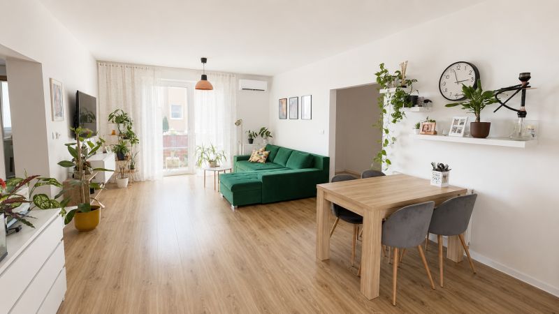 Living room with wood-patterned flooring, green sofa, and plants in a 3-room apartment.