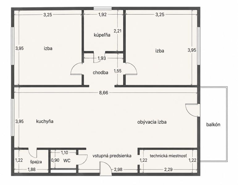 Floor plan of a 3-room apartment with a bathroom, kitchen, and balcony, ideal for practical use.