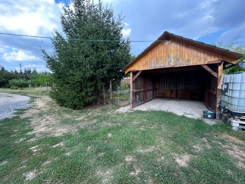 Wooden shelter in the exterior of a 2-room apartment in the village of Telince with a conifer.