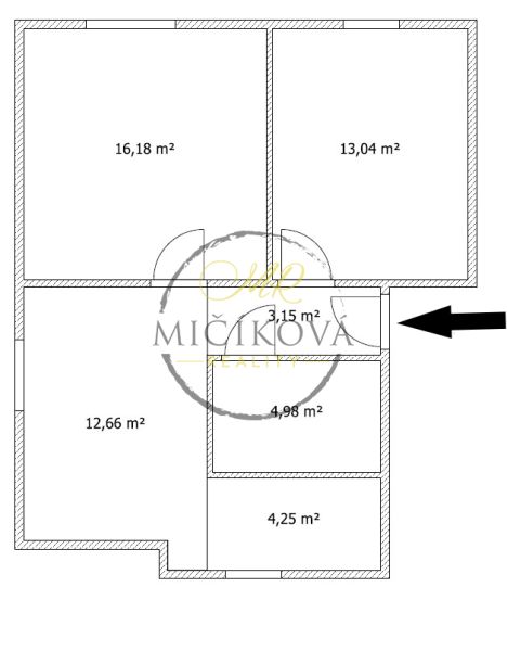 Floor plan of a 2-room apartment with exact room dimensions and entrance marking.