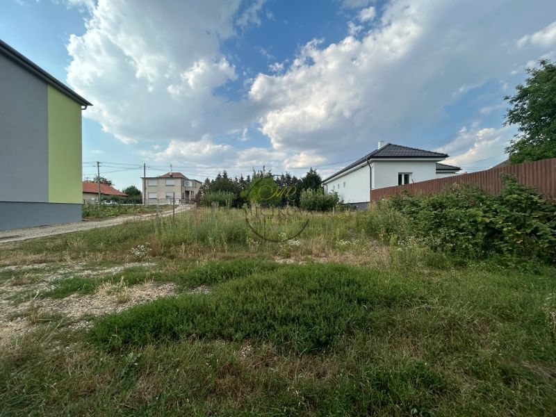 A garden around houses in Telince with variable cloudiness in the sky.