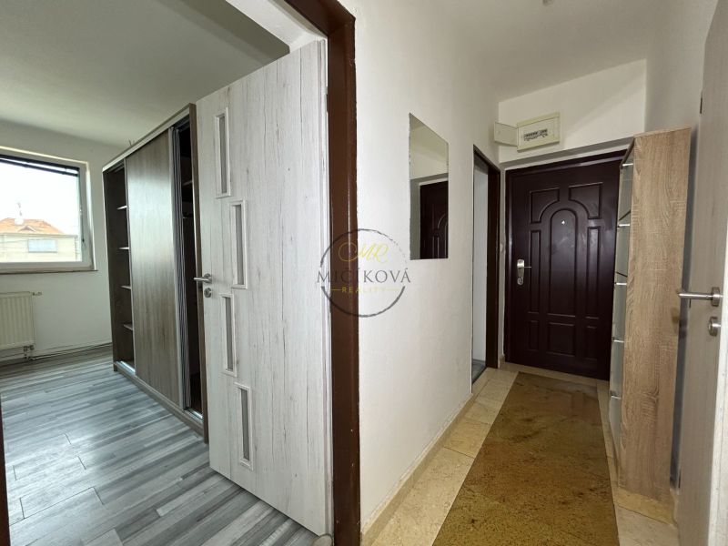 A hallway in a 2-room apartment with a wood-patterned floor and built-in wardrobes.