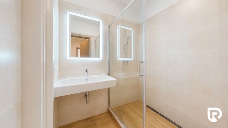 A bathroom in a 3-room apartment with a sink and a shower corner, flooring with a wooden decor.