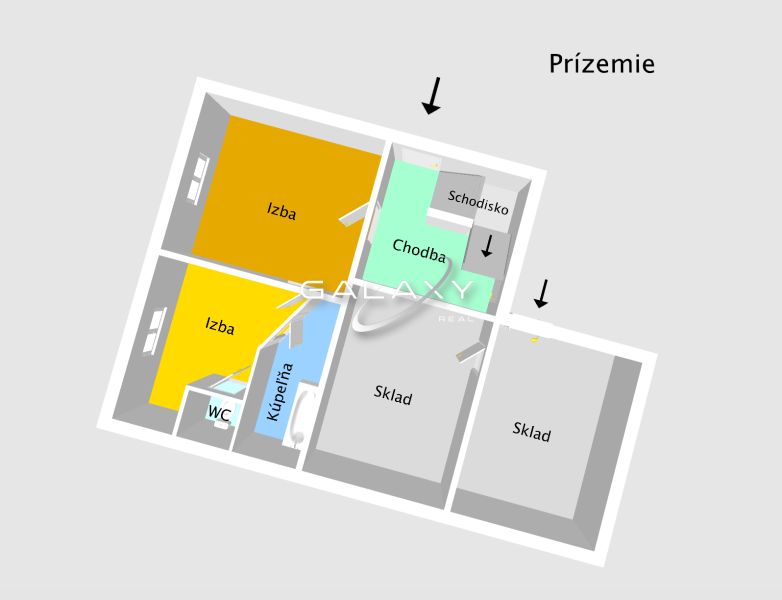 Ground floor plan of a family house in Hajnáčka with rooms, bathroom, and storage areas.
