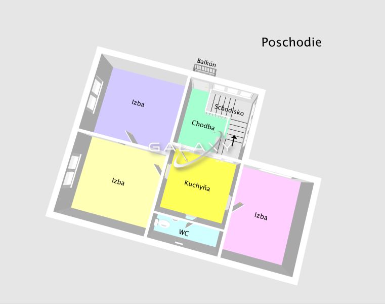 Floor plan of a family house with three rooms and a kitchen.