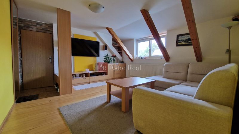 Living room in a two-room apartment with a sofa, ceiling beams, and a wooden decor floor.