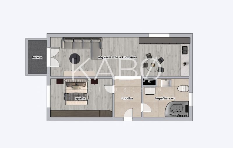 Floor plan of a 2-room apartment with a living room, kitchen, bedroom, and bathroom.