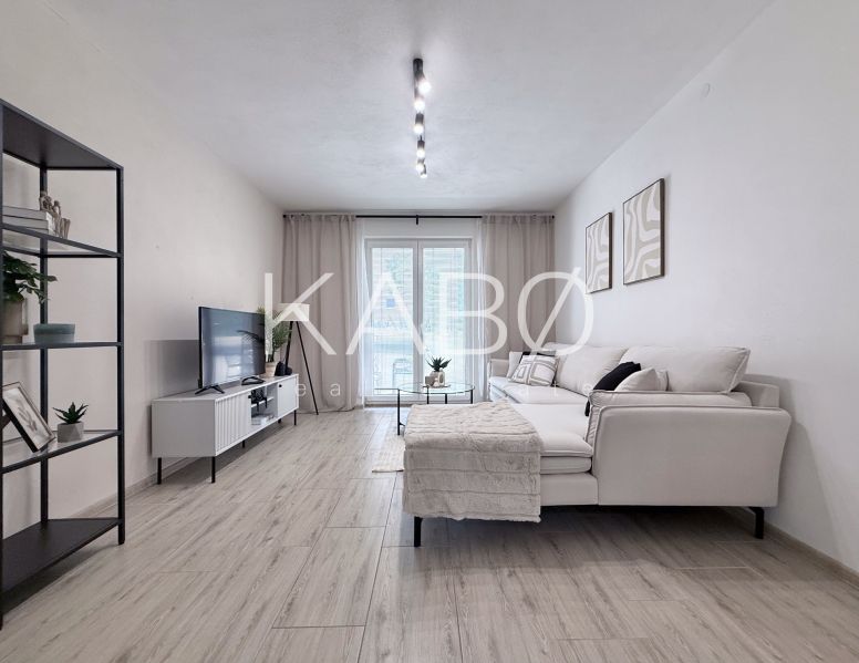 Living room in a two-room apartment with a sofa, television, and wood-patterned flooring.