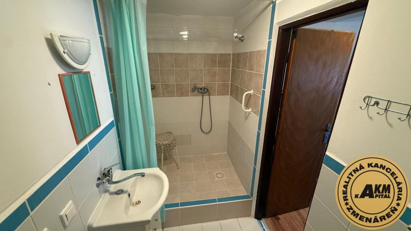 Bathroom with an open shower and a sink in a family house.