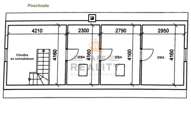 Floor plan of a family house with a hallway with a staircase and three rooms.