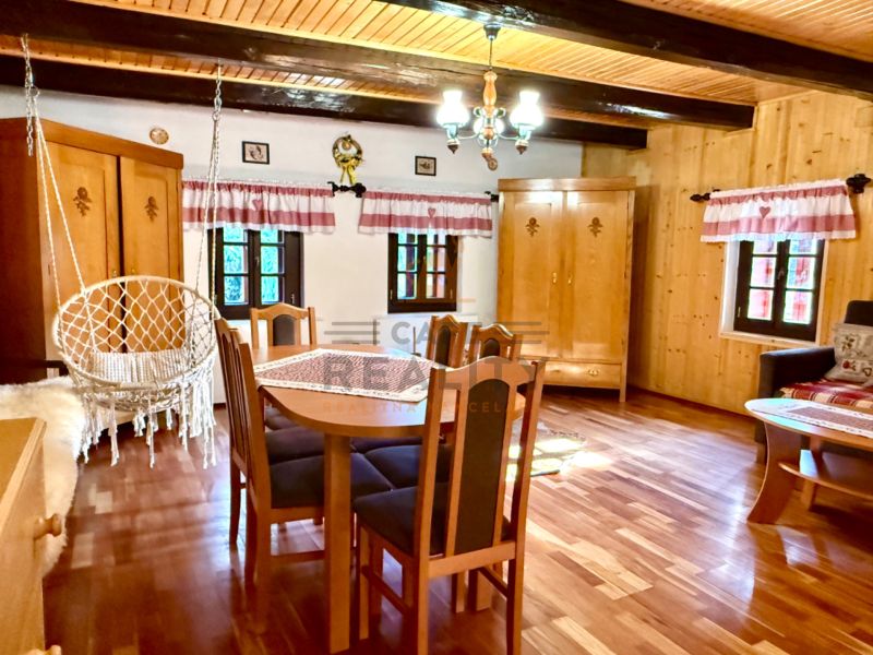 Interior of a family house with a hammock, furniture, and flooring with a wooden decor.