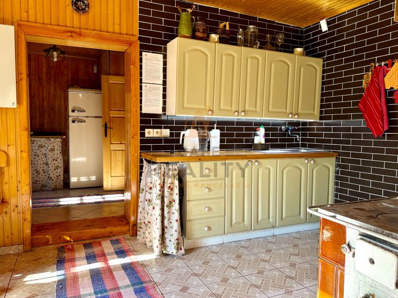 A kitchen in a family house with a retro refrigerator, kitchen unit, and black tiles.